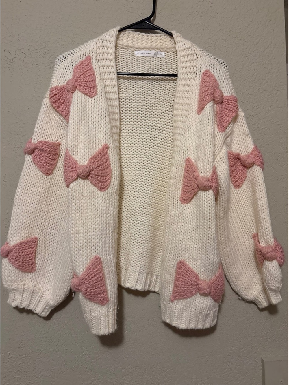 Altar'd State White Knit Cardigan with Pink Bow Accents XS